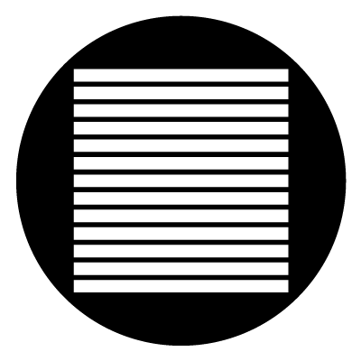 13 white thin horizontal bars stacked on top of each other to make a blind design. On a black circle background. 