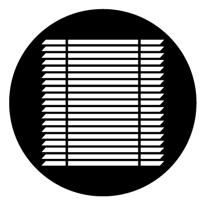 19 horizontal thin bars with slanted ends, these are stacked on top of one another. There is two vertical lines cut out of these to create a blind design. On a black circle.