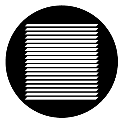 19 horizontal thin bars, with slanted ends, stacked on top of each other to create a blind. On a black circle.