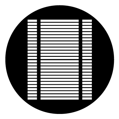 26 horizontal thin rectangles stacked on each other. Towards each end is a black vertical line to create a blind design. All in the centre of black circle.