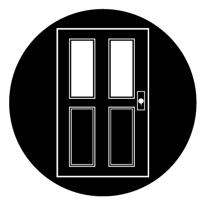 White door illustration with 2 white windows in the top half and white outlined panels in the bottom. With a door handle to the right.