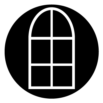 White outline of an arched window with 6 sections inside. All in the centre of a black circle.
