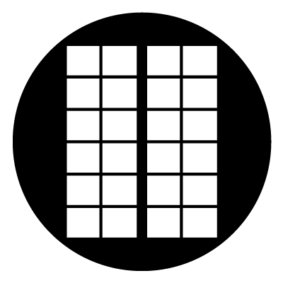 Two 2x6 grids using squares. the two grids are next to each other to create a window effect. All on a black circle background.