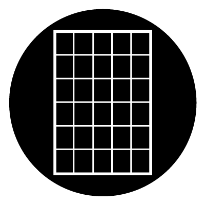 White outline of a window with a 5x6 grid inside. On a black circle.