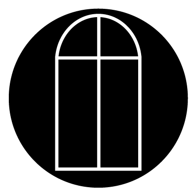 White outline of an arched window with a line down the centre and across the top, creating a semi circle split into two. On a black circle.