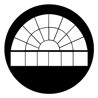 White semi circle window design with lines to create sun rays. Below this is a row of six rectangles. All white on a black background.
