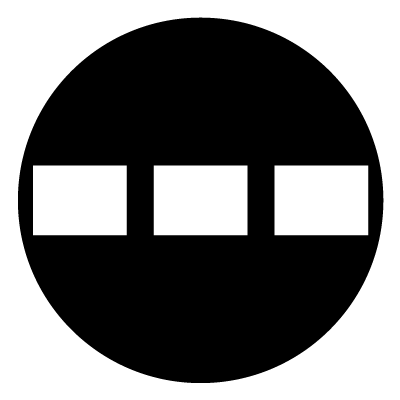 3 white rectangle, in a horizontal line, on a black circle to make up a train windows design.