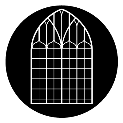 White outline of a church arch window with cross hatch pattern. On a black circle.