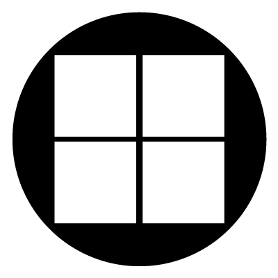 4 white squares stacked in a 2x2 grid, with a gap in between each one to make up a window design. On a black circle background.