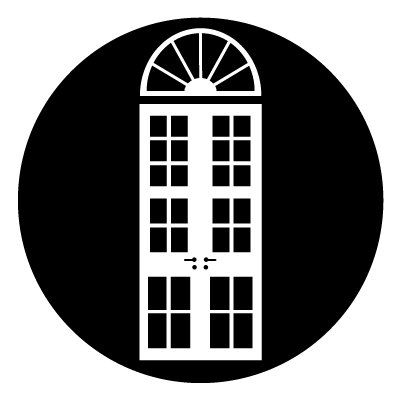 White illustration of French doors with a white semi circle window above. On a black circle.
