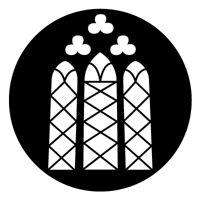 White illustration of a church window with 3 arches with 3 clovers stacked above these. On a black circle.