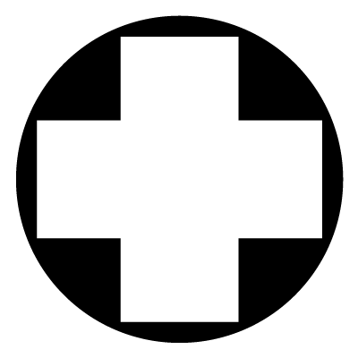 White first aid cross on a black circle gobo.