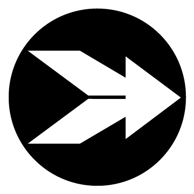 White arrow with angled flared tail on a black circle gobo.