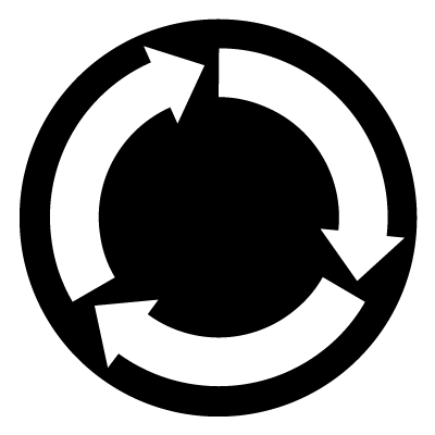 Three white arrows curved in a circular shape on a black circle gobo.