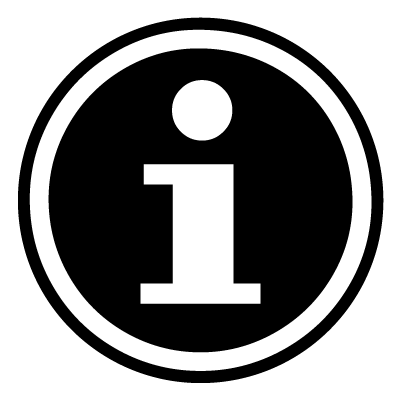 White info 'I' symbol in a white circle on a black circle gobo.