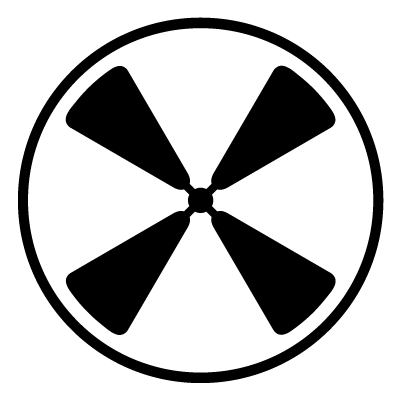 Black silhouette of a fan blade in front of a white circle on a black circle gobo.