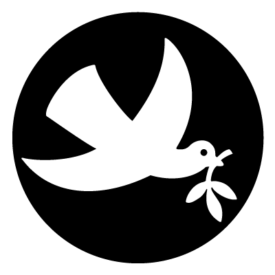 White silhouette of a white dove with a branch in its beak on a black circle gobo.