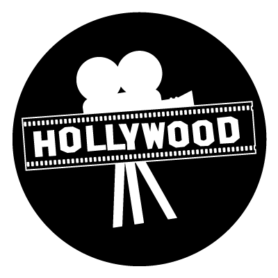 White 'Hollywood sign' text in the centre of a film strip outline with an old style film reel camera silhouette behind on a black circle gobo.