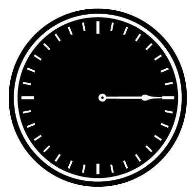 White outline of a clock face with no numbers on a black circle gobo.