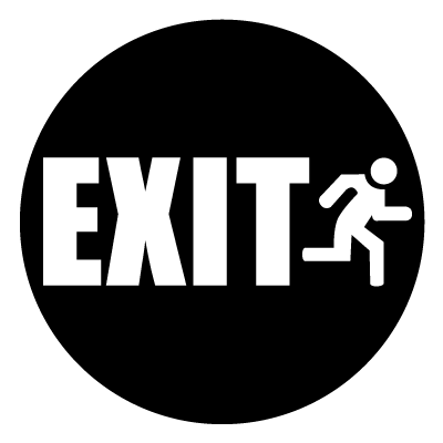 White exit sign with running person silhouette on a black circle gobo.