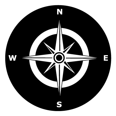 White compass with 'N' 'E' 'S' 'W' on a black circle gobo.