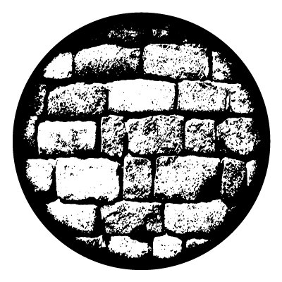 White image of a stone wall clipped in a circle shape and on a black background.