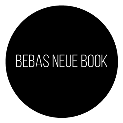 Black circle with white 'Bebas Neue Book' text in the centre.