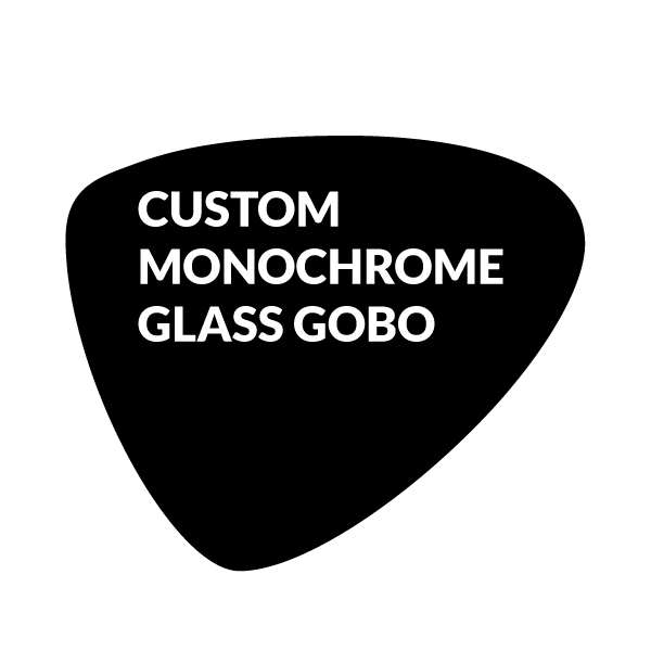 Black plectrum with white 'custom monochrome glass gobo' inside.