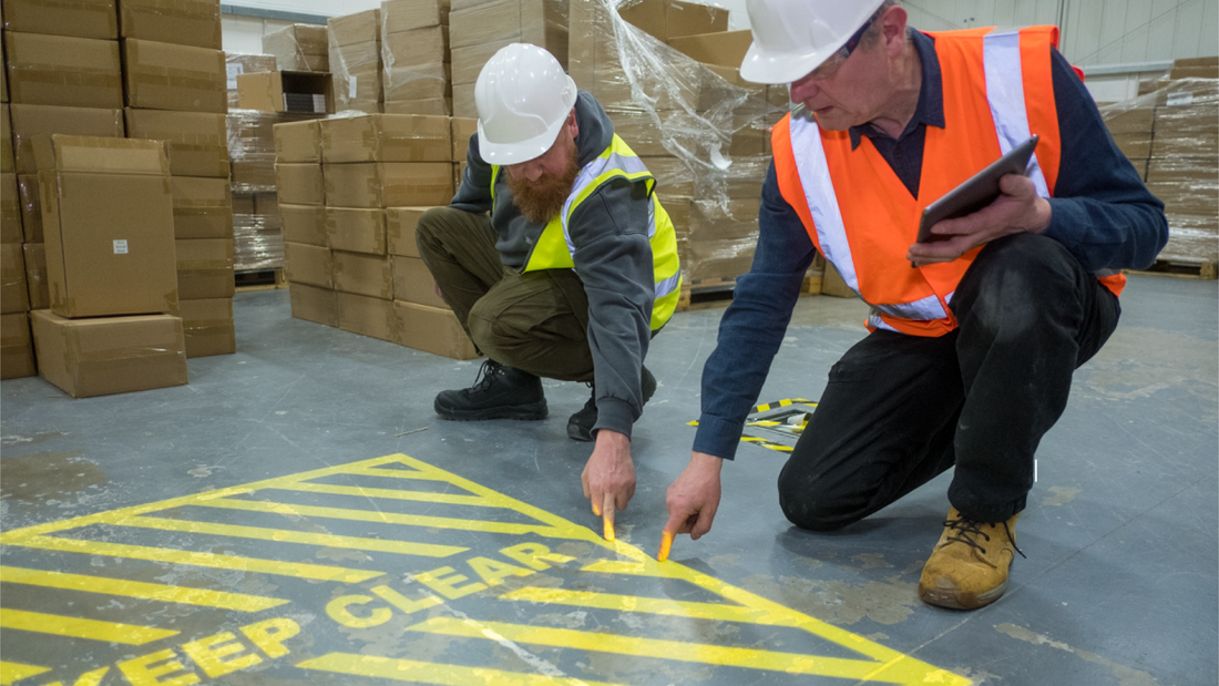 Projected safety sign on a warehouse floor being shown on a site visit