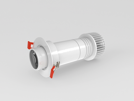White 10 watt recess gobo projector. Facing up to the right.