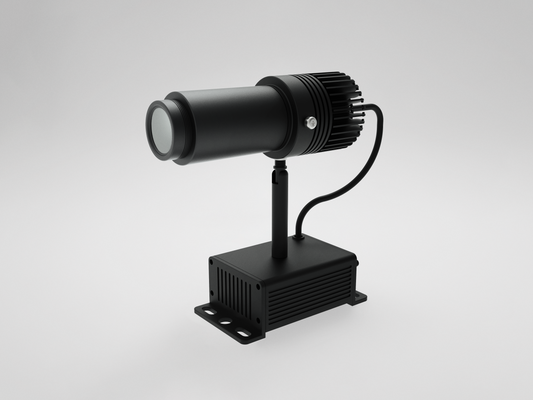 Black 10 watt gobo projector facing left.