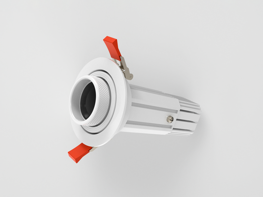 White 20 watt recess gobo projector facing up right.