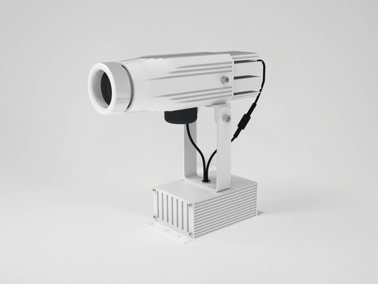 White 20 watt LED gobo projector facing left.