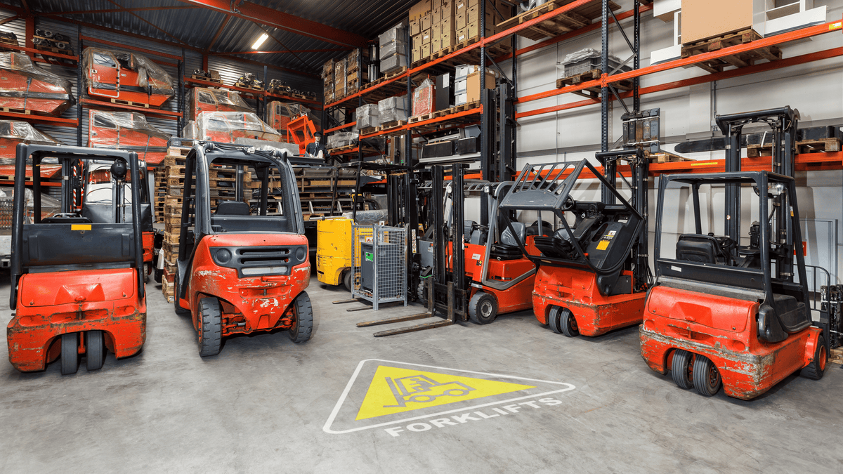 Projected forklift safety sign on a warehouse floor, surrounded by forklift trucks.