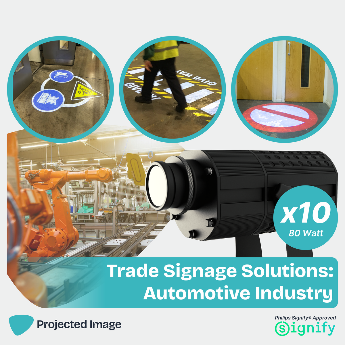 Trade Signage Solution promotional image featuring a gobo projector, PPE Forklift signage, a give way zebra crossing, and no entry signage.