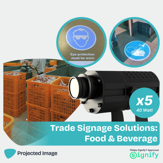 Trade Signage Solution promotional image featuring a gobo projector, eye protection signage, hand washing signage.