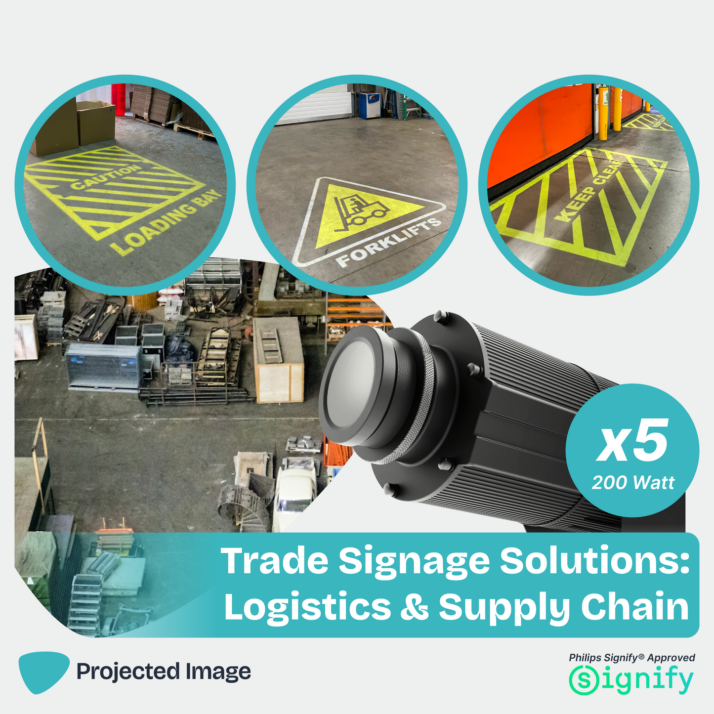 Trade Signage Solution promotional image featuring a gobo projector, Loading Bay, forklift, and keep clear signage.