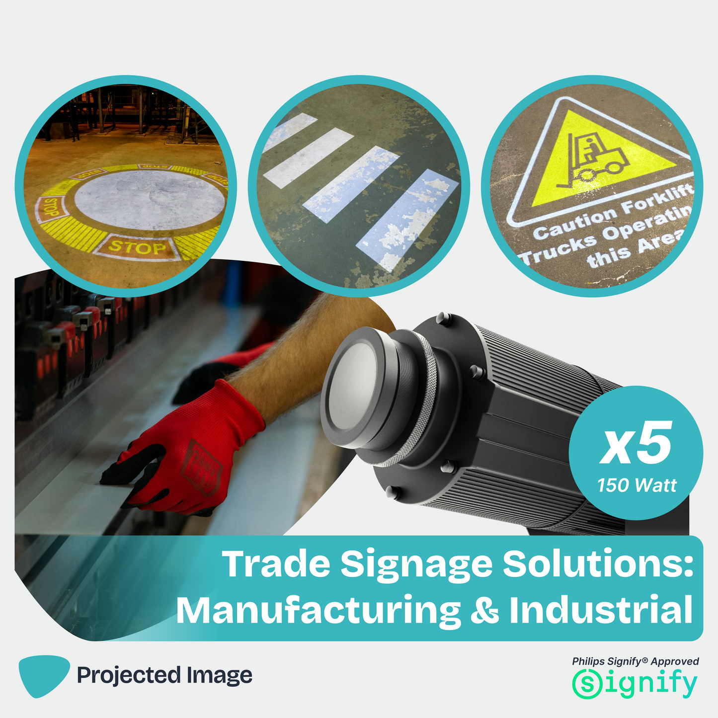 Trade Signage Solution promotional image featuring a gobo projector, a stop circle, a zebra crossing and Forklift signage.
