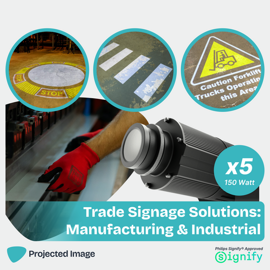 Trade Signage Solution promotional image featuring a gobo projector, a stop circle, a zebra crossing and Forklift signage.