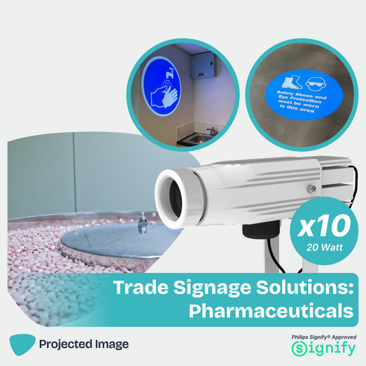 Trade Signage Solution promotional image featuring a gobo projector, Hand Washing signage, and PPE signage.