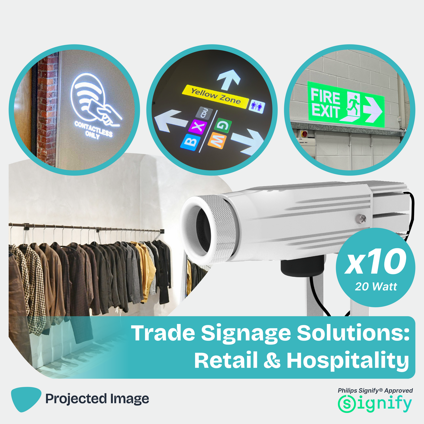 Trade Signage Solution promotional image featuring a gobo projector, Contactless payment, directional and fire exit signage.