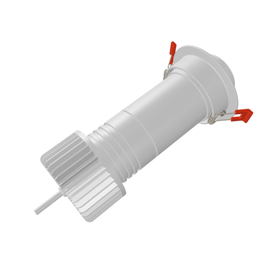 White 10 watt recess gobo projector. Facing up to the right.