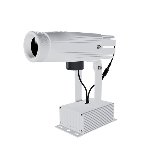 White 20 watt LED gobo projector facing left.