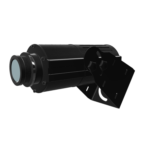 Black LED gobo projector facing to the left.