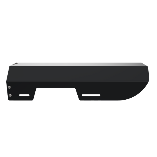 Black rain hood for an outdoor gobo projector.