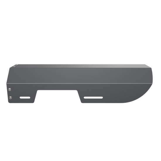 Black rain hood for an outdoor gobo projector.