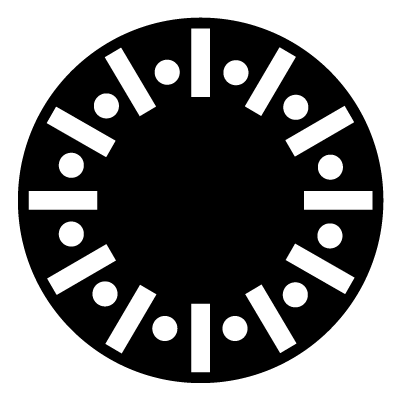 White circles and rectangles alternating in a circular formation on a black circle gobo.