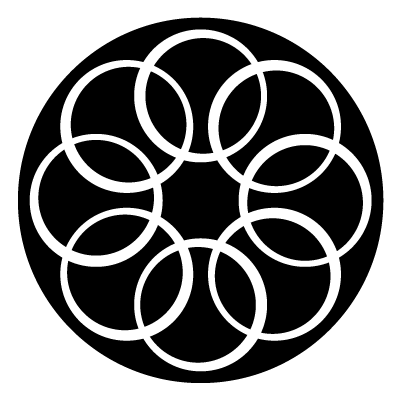 White circle outlines overlapping in a circular formation on a black circle gobo.