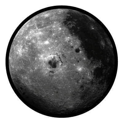 Dark greyscale image of the moon with a slight shadow on a black circle gobo.