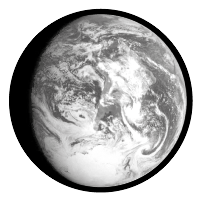 Greyscale image of Earth with a crescent shadow on the edge on a back circle gobo.